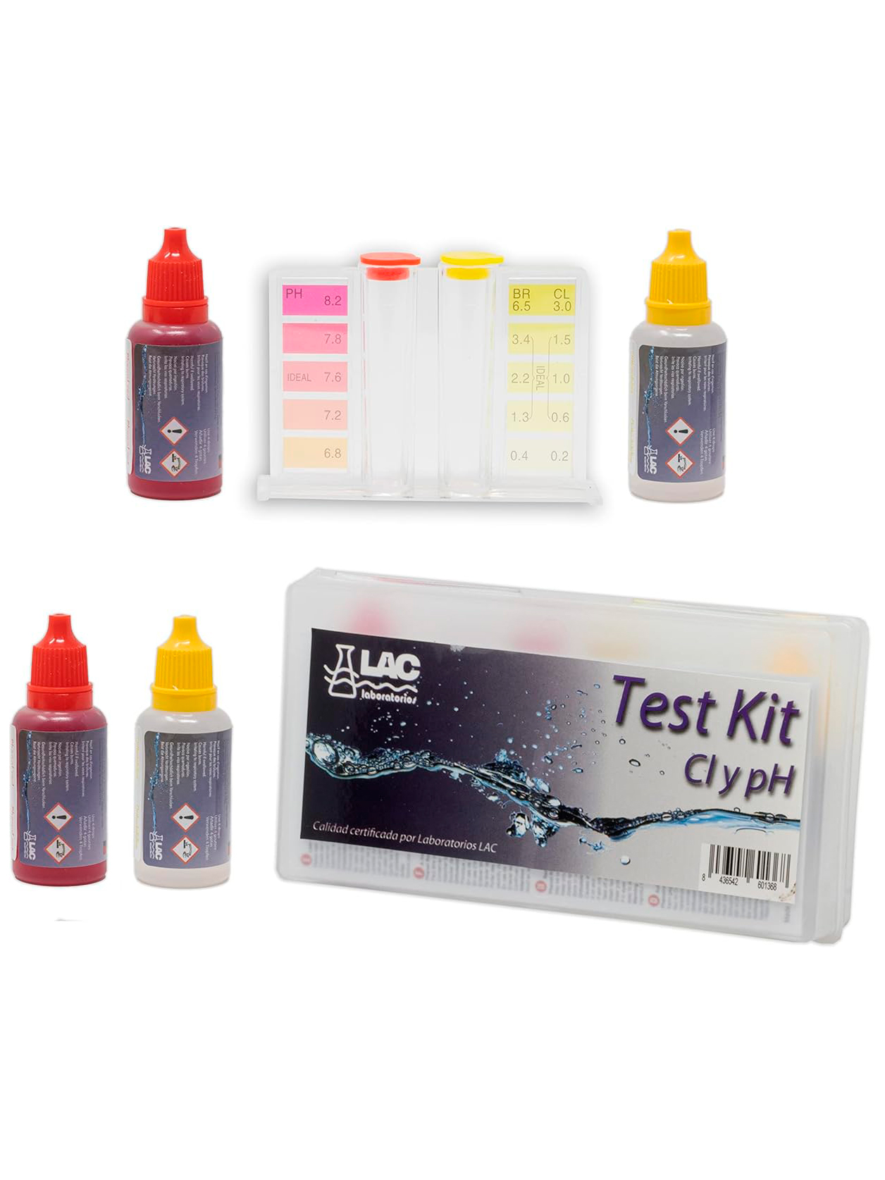 Pack Ahorro KIT ANÁLISIS CLORO, PH y BROMO (gotas) + 1 recambio de reactivos - Certificado LAC