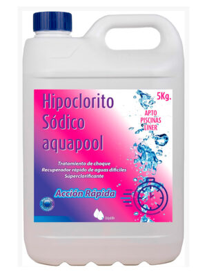 Cloro Choque Líquido HIPOCLORITO SÓDICO al 15% Aquapool 5 litros – Cloro Acción rápida – Súperclarificante – Recuperador Aguas difíciles – Apto Liner